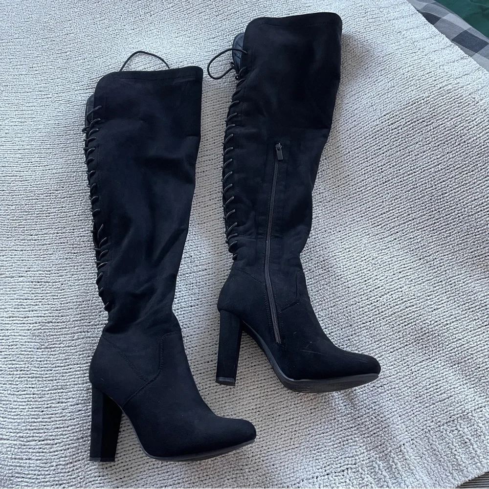 Top Moda Black Knee-High lace up Boots 7.5 - Picture 5 of 13